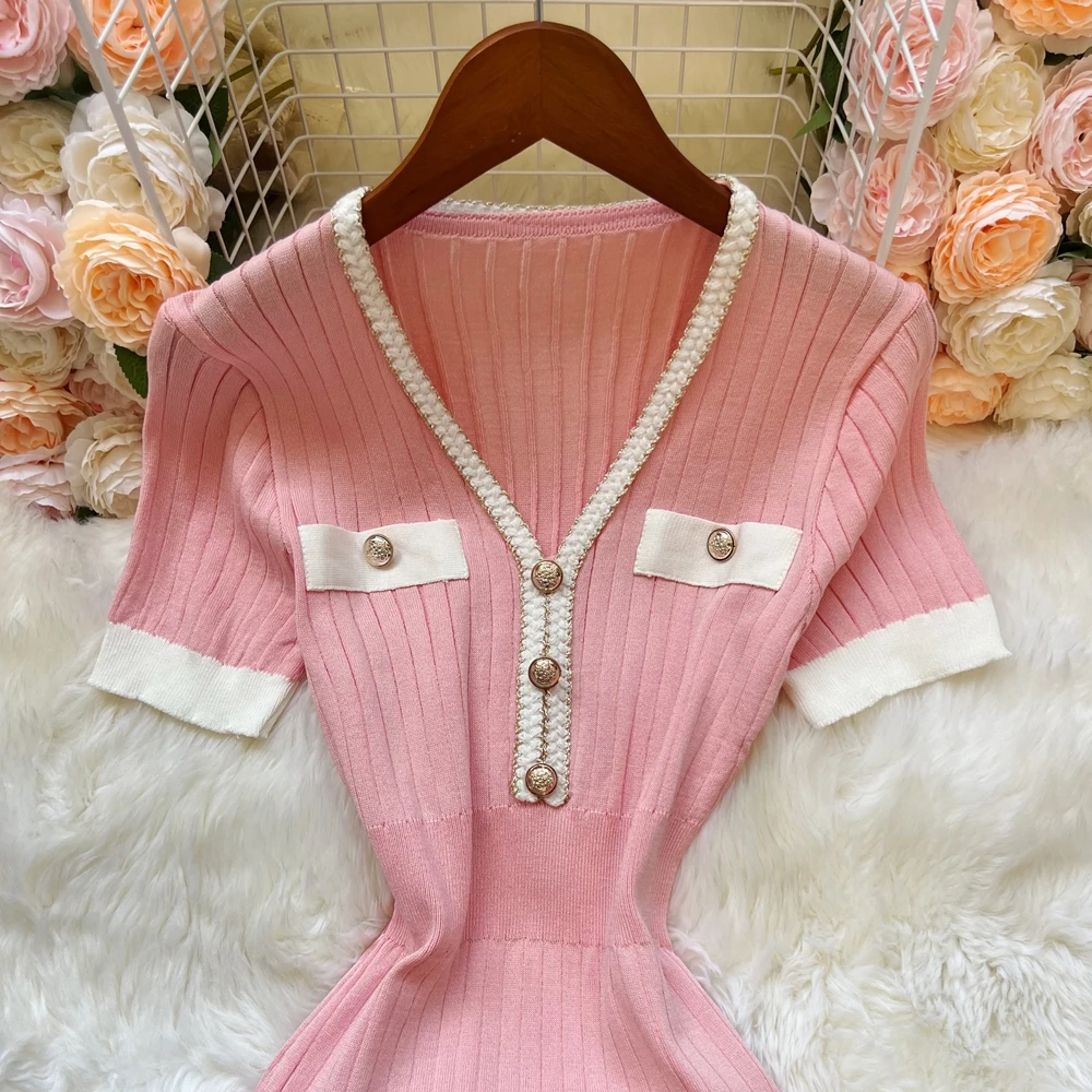 YuooMuoo Women Dress 2025 New Fashion V-neck Slim Elastic Knitted Summer Dress Ins Hot Sexy Package Hips Meraid Party Dress Robe