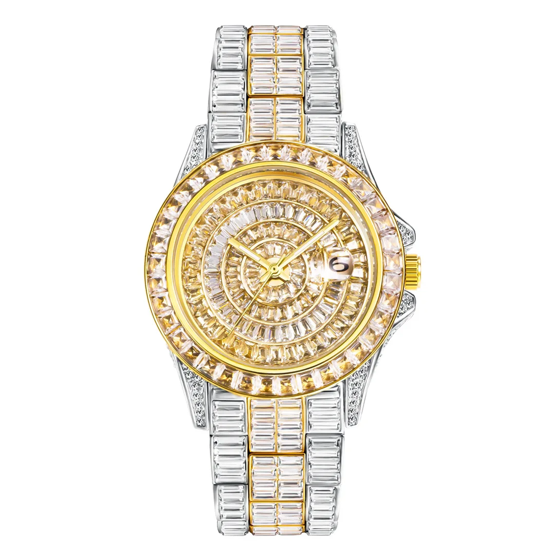 Relojes de cuarzo de lujo para hombres y mujeres, reloj de pulsera de Color dorado con piedras impresionantes de Hip Hop, reloj fino luminoso resistente al agua con fecha