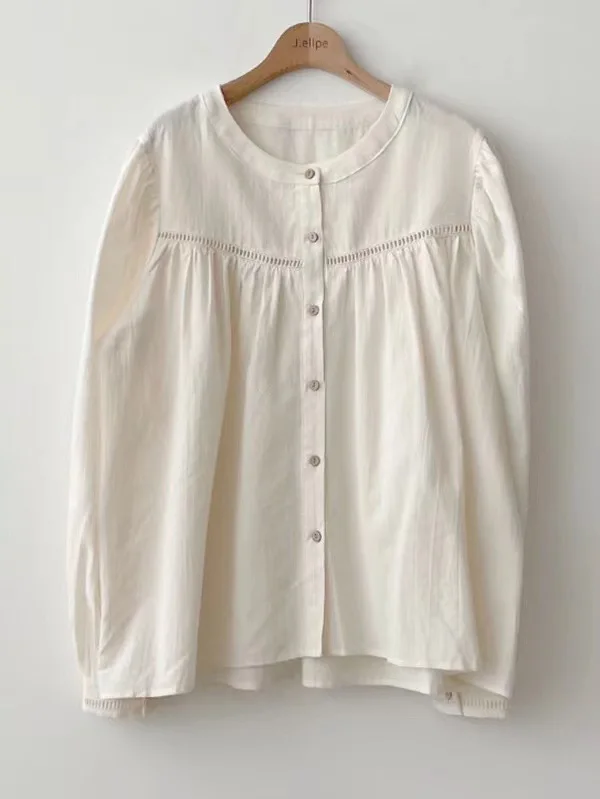 White Eyelet Embroidery Round Neck Blouse Women Puff Balloon Long Sleeve Gathered Front Button Down Casual Cotton Shirt