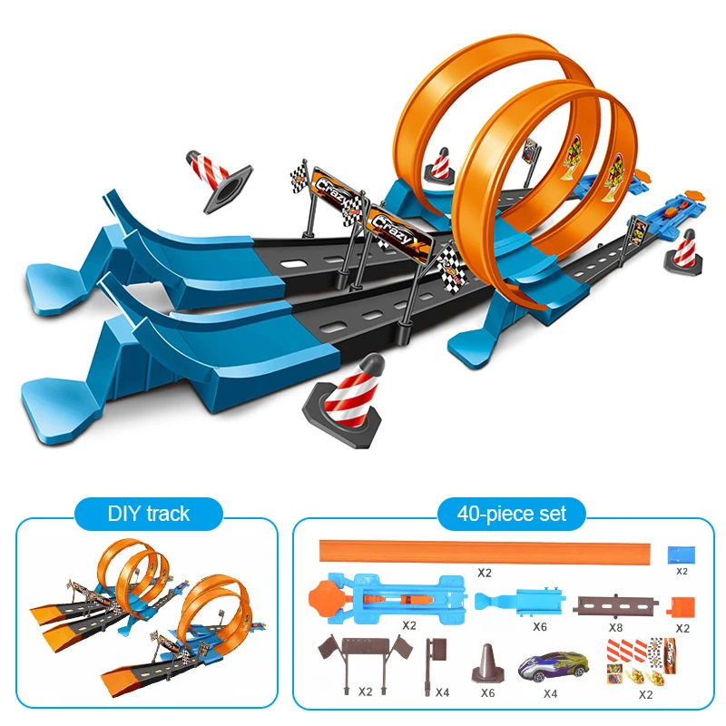 Stunt Speed-modelo de ruedas de coche doble para niños, pista de carreras, Kits de rieles ensamblados, juguetes interactivos familiares, regalo para