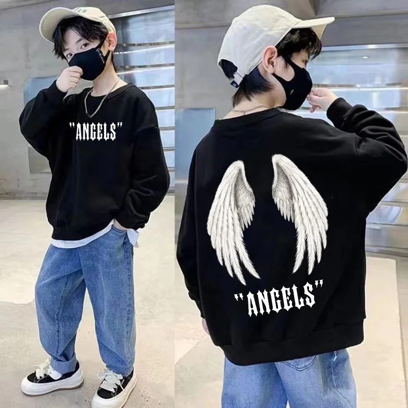 New Spring Autumn Trendy Angel Wings Prints Sweatshirt Boys Girls Long Sleeve Pullovers Kids Top Korean Children's Clothes 2025