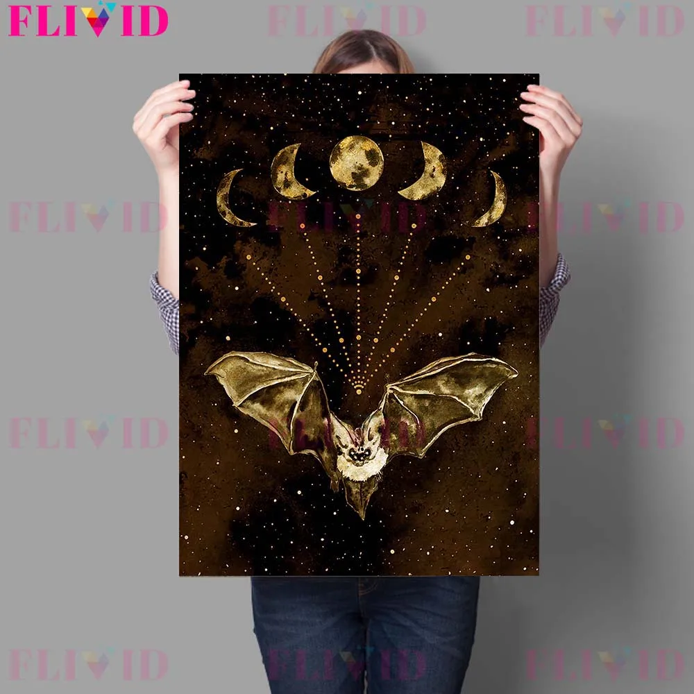 Bat And Full Moon Celestial Witchy Wall Art Canvas Painting Decor Moon Phases And Stars Art Poster And Print Home Decor Unframed