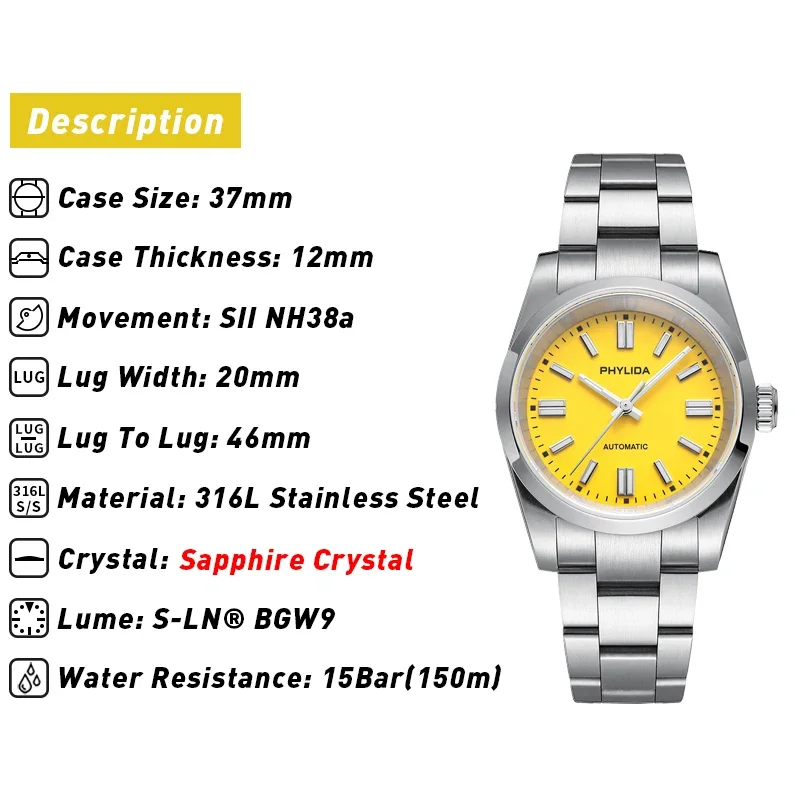 PHYLIDA 37mm Yellow Dial Wristwatch NH38A Automatic Men\'s Watches Perpetual Watches for Men fkEvNH35ASgI5
