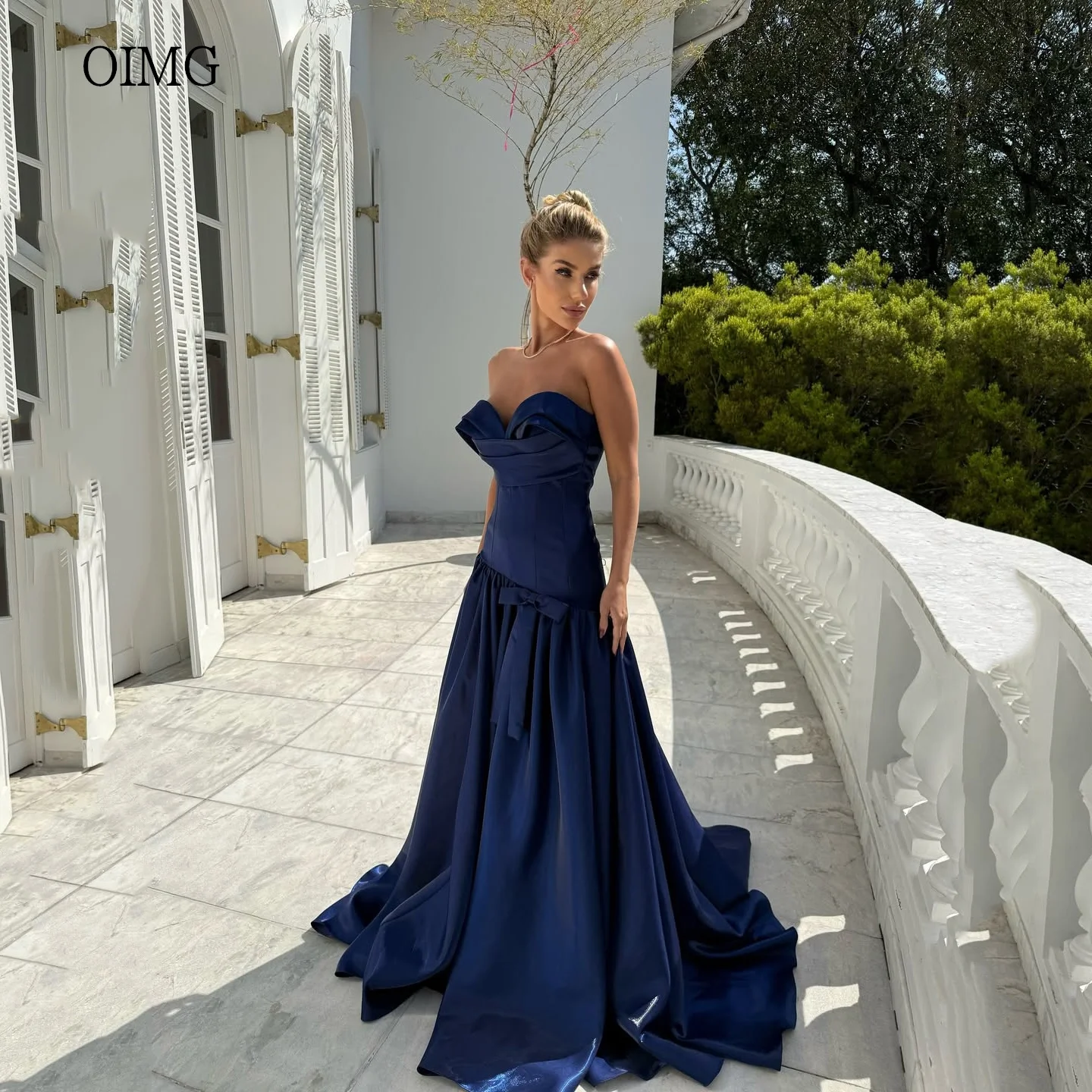 

OIMG Elegant Navy Blue A Line Prom Gowns Shiny Sweetheart Neck Formal Party Gown Floor Length Evening Dress Customized