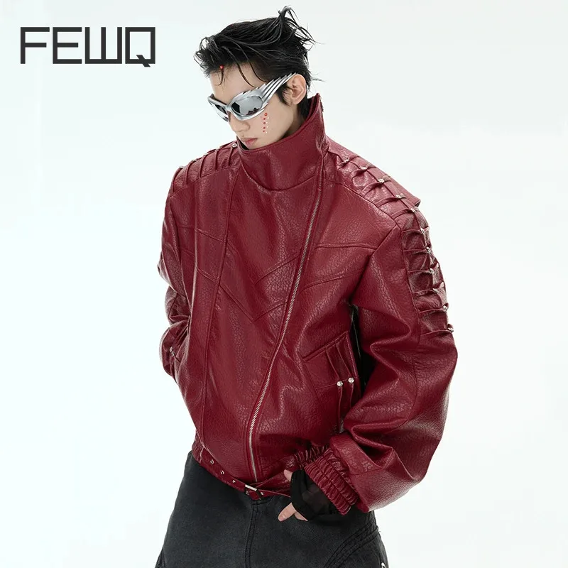 FEWQ Pleated Solid Color Men's Jackets PU Leather Lapel Metal Rivet Design Niche Trendy Loose Male Coats Deconstruction 24K1303