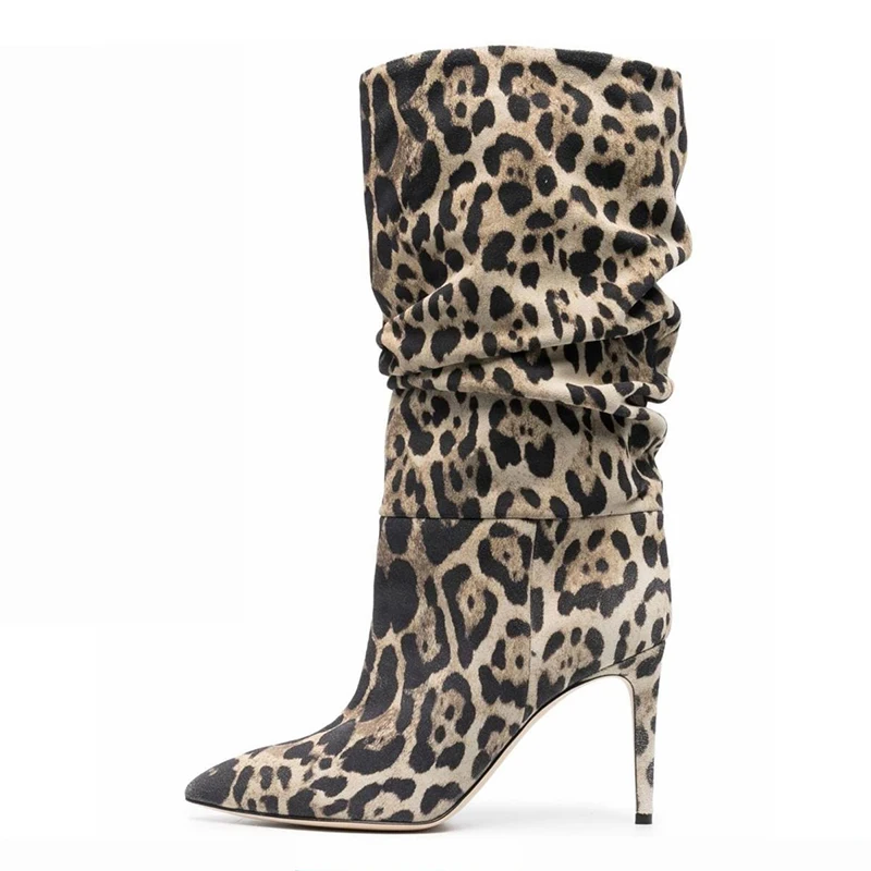 Arden Furtado 2024 Autumn zebra-stripe Pleated Short boots Pointed toe Patchwork Stilettos heels leopard print Modern boots