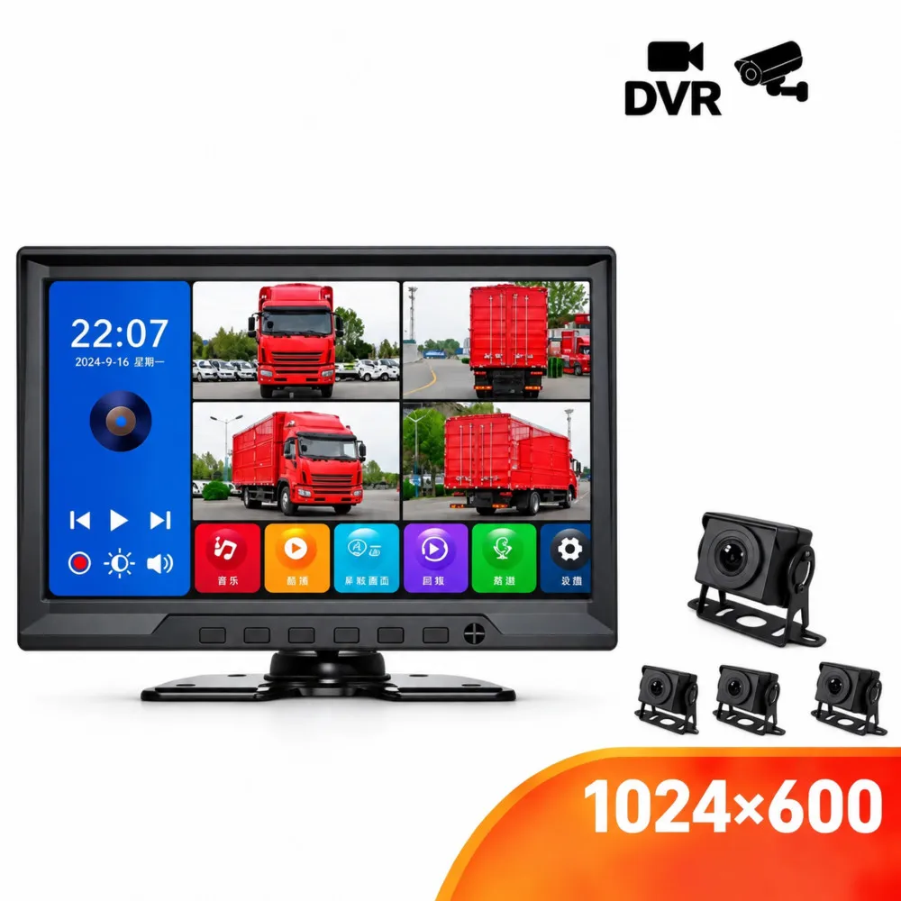 10 Inch IPS 1024x600 Truck Dash Cam DVR AHD 4CH Split Screen Monitor System with Voice Control MP5 Player IR Night Vision Camera