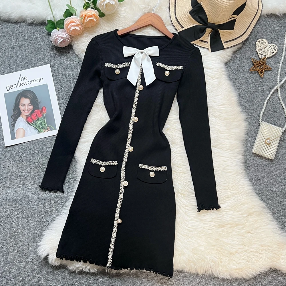 YuooMuoo شيك موضة مثير التفاف الوركين محبوك الخريف فستان المرأة الفاخرة القوس س الرقبة التخسيس فستان قصير الكورية سيدة حفلة Vestidos #4