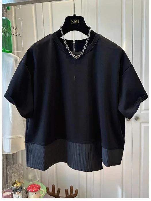 Onregelmatige Splicing Dames T-shirt F Sve Ronde Ne Losse Faionable Unieke Zomer Nieuwe Sle Top Casual Streetwear