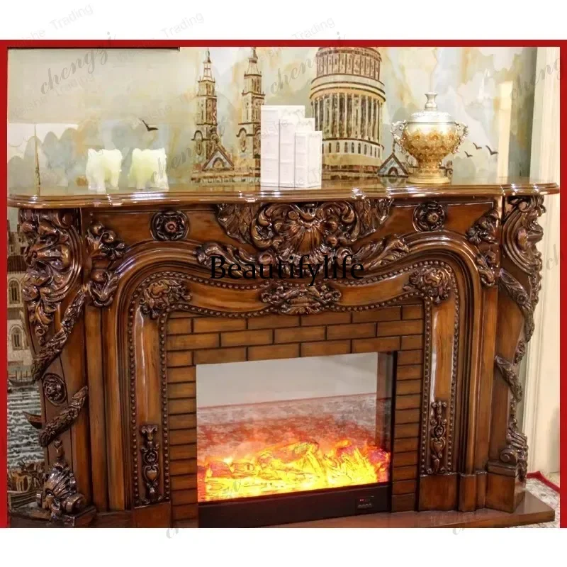 Y136 European solid wood fireplace, American living room carving simulation flame villa heater decorative heating core fireplace