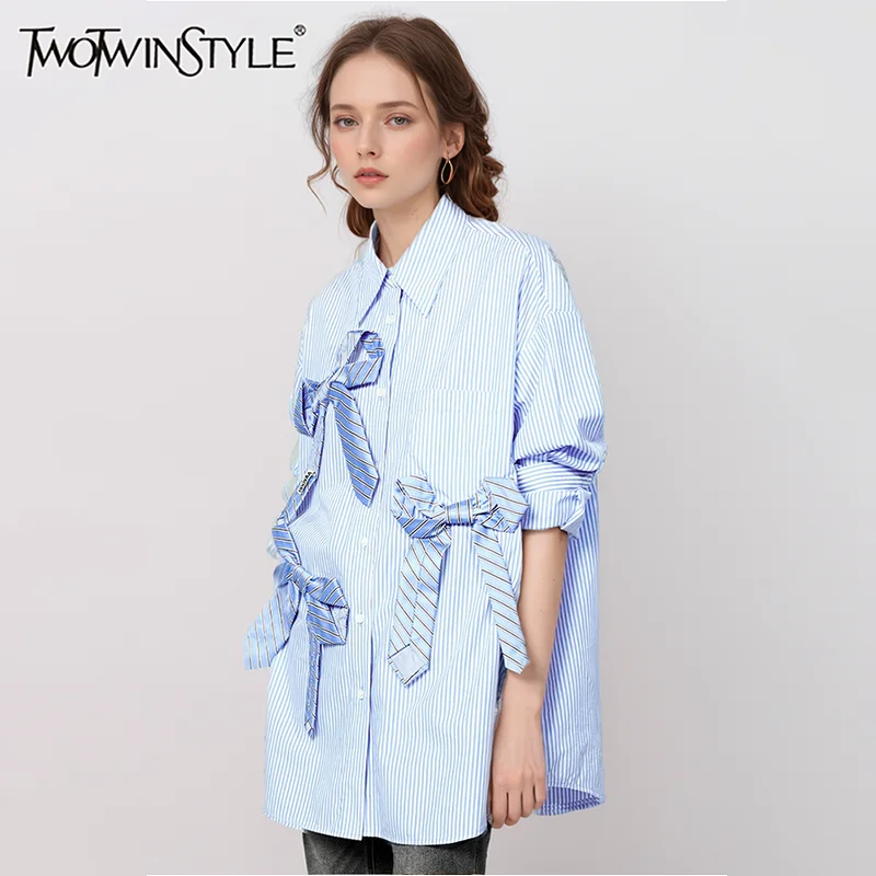 

TWOTWINSTYLE Colorblock Spliced Bowknot Shirts For Women Lapel Long Sleeve Single Breasted Striped Loose Blouse Female Fashion