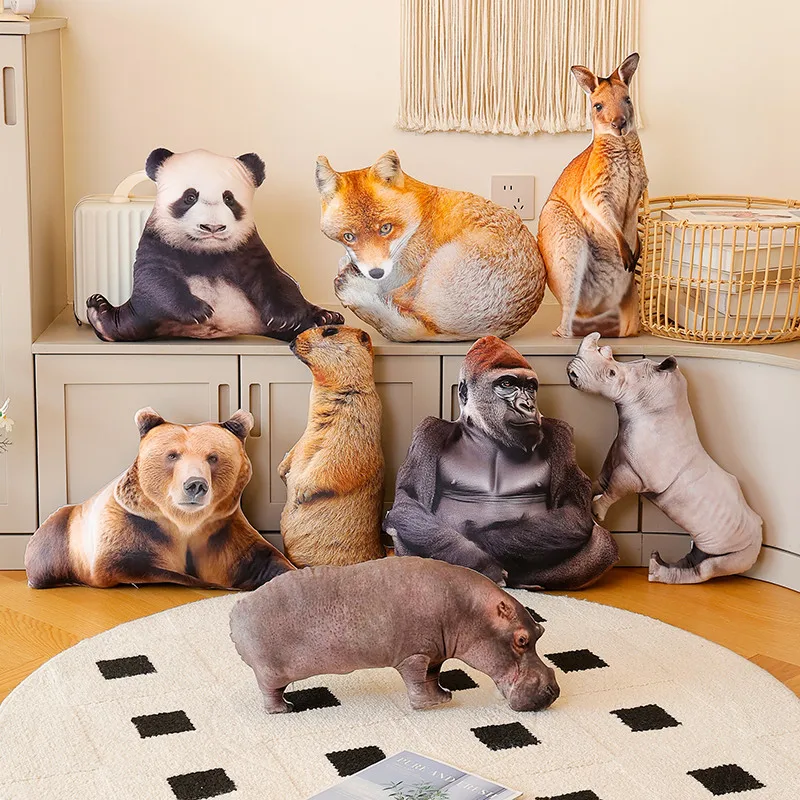 

Мягкие плюшевые подушки-игрушки в виде животных джунглей: панда, тигр, енот, лиса, еж, кенгуру. Декор для дивана, подарок для детей.