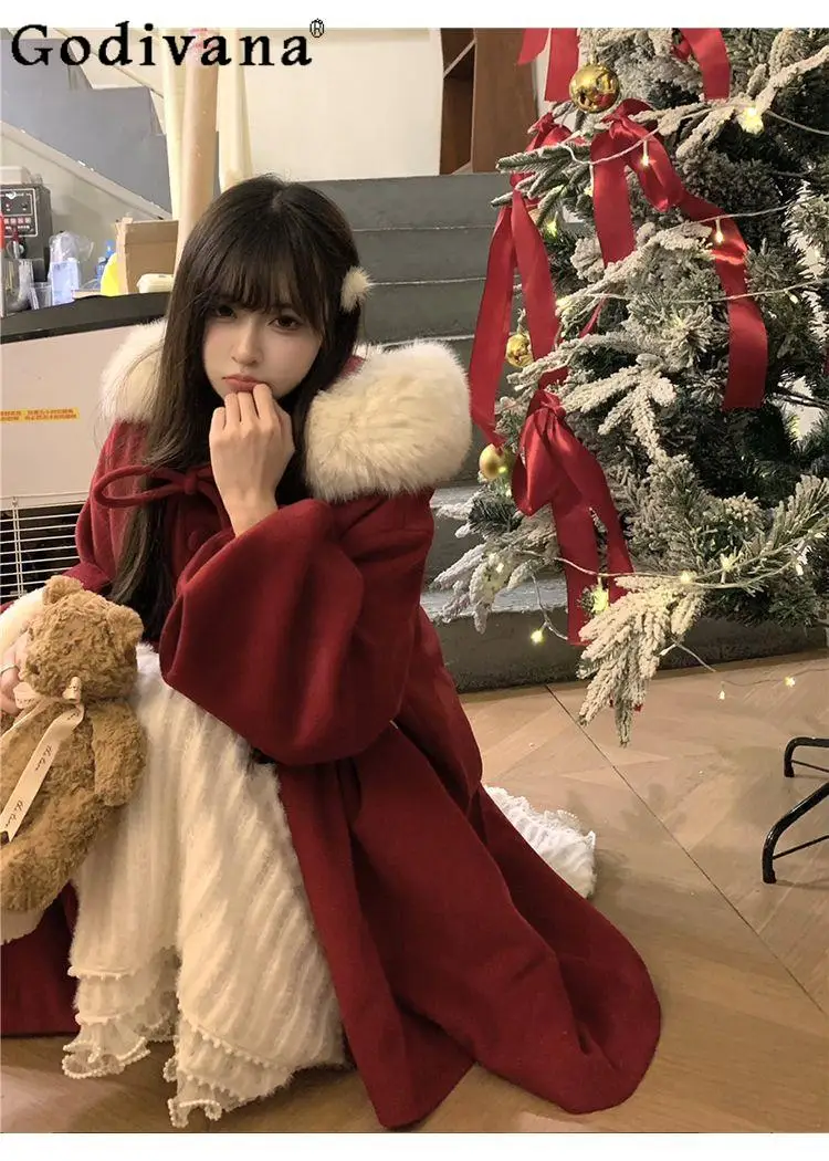 

College Style Christmas New Year Red Bow Coat Autumn Winter Warm Sweet Cute Doll Feel Long Hooded Jacket for Women