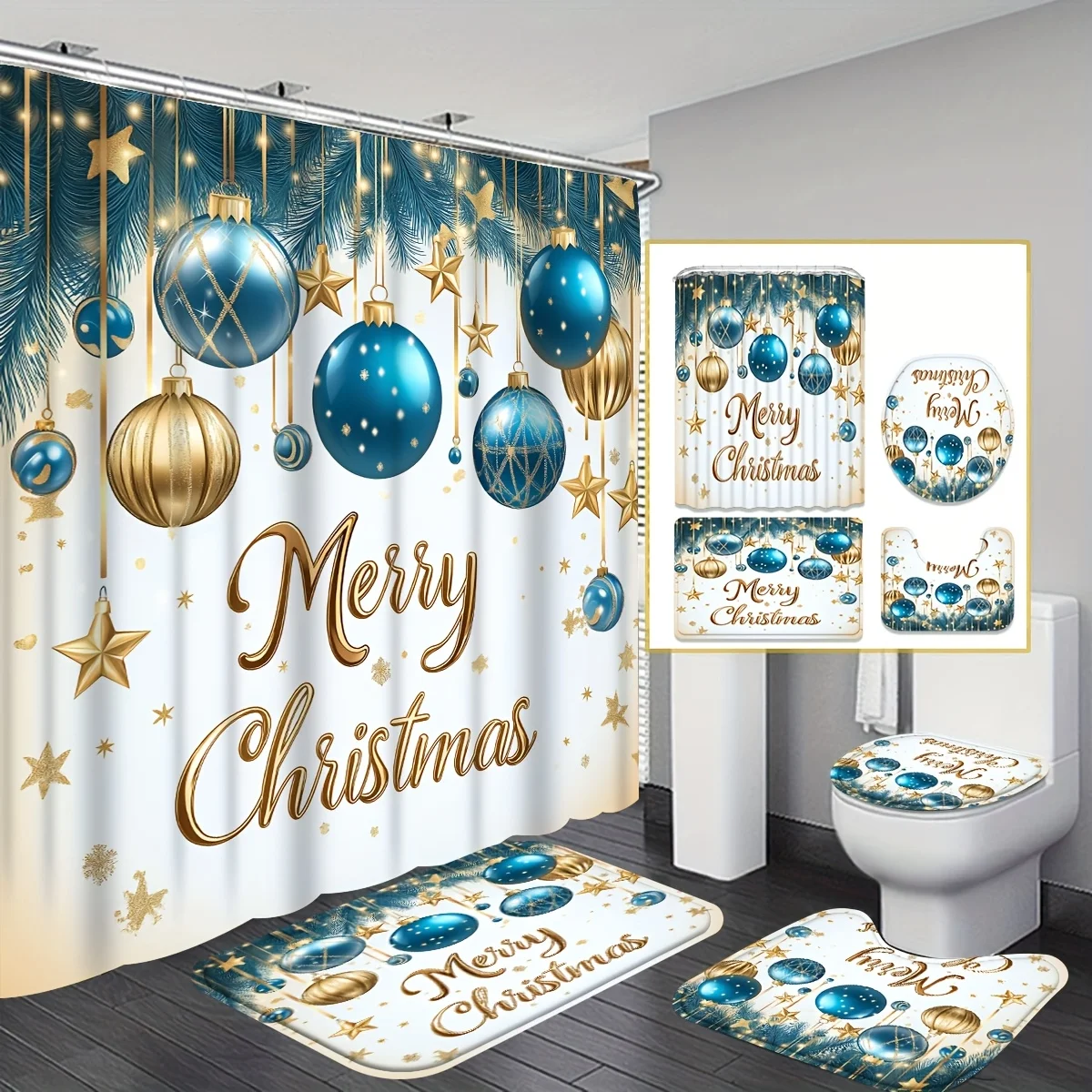 4Pcs Merry Christmas Shower Curtain Set,Blue Gold Xmas Decor,Washable Polyester,Non-Slip Bath Mat,U-Shaped Toilet Cover,12 Hooks