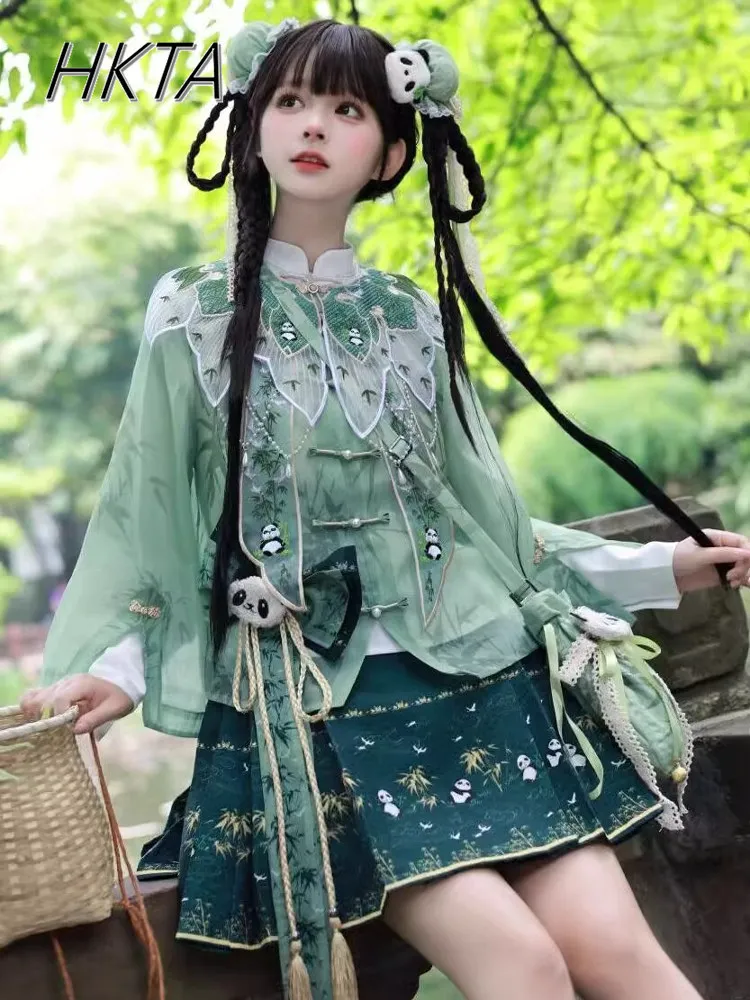 

Chinese Style New Chinese Cute Cartoon Printed Embroidery Skirt Suit Women Sweet Green Shirt Tops Waist Pleated Short Skirt Girl