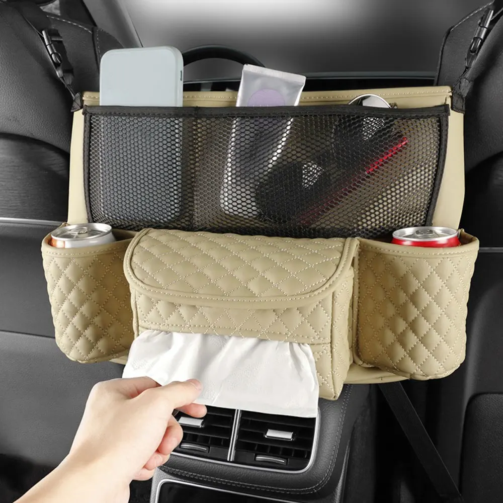 

Leather Car Seat Middle Hanger Storage Bag Luxury Auto Handbag Holder Between Seats Tissue Water Cup Pockets Stowing Tidying