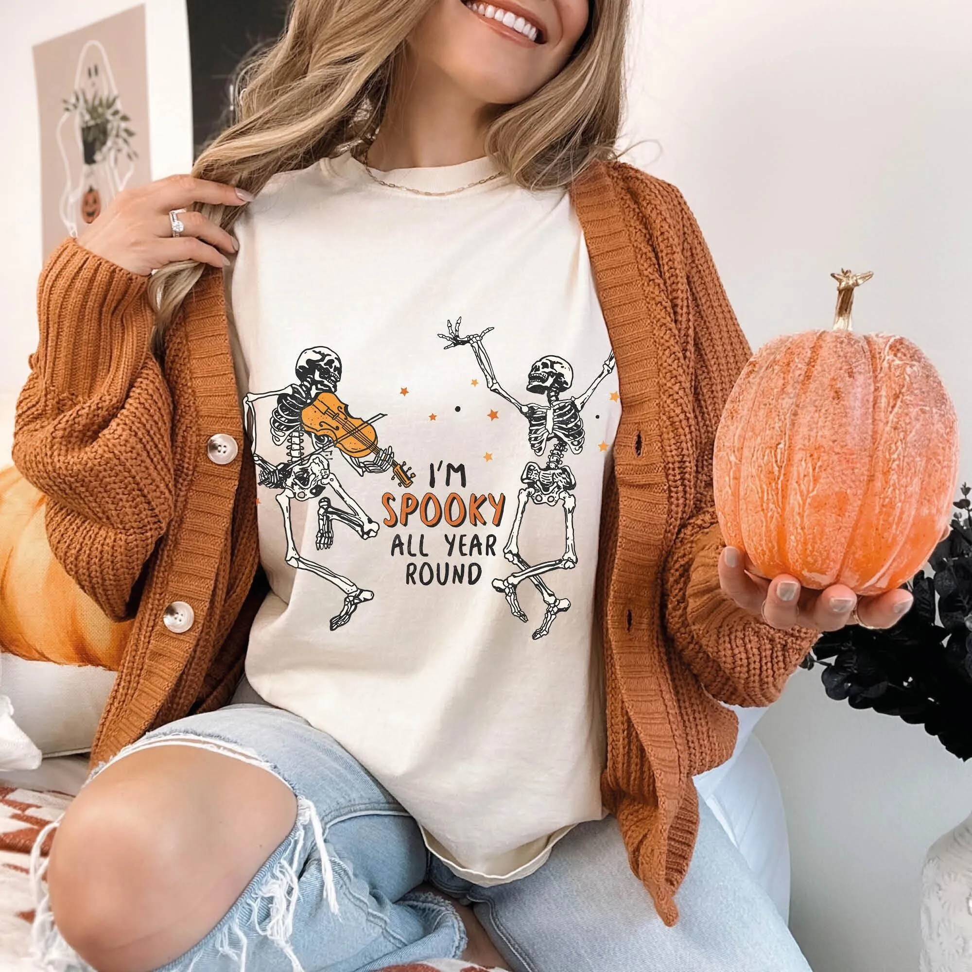 Funny Halloween Dancing Skeleton T Shirt I'M Spooky All Year Round Comfort Colors S Fall