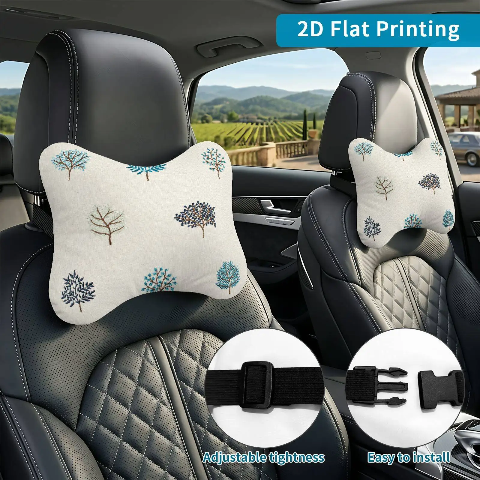 2pcs Tree Print Colorful Trees Nature Pattern Car Seat Headrest, Neck Support Cushion, Suitable For All Seasons Of Car Additions
