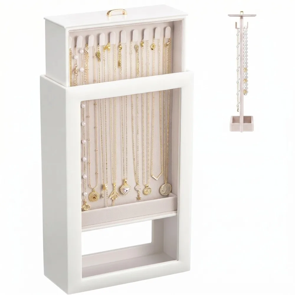 2 Layers Necklace Organizer Box Pull-Out Access Clear Window Jewelry Display Case Large Capacity Vertical Necklace Organizer