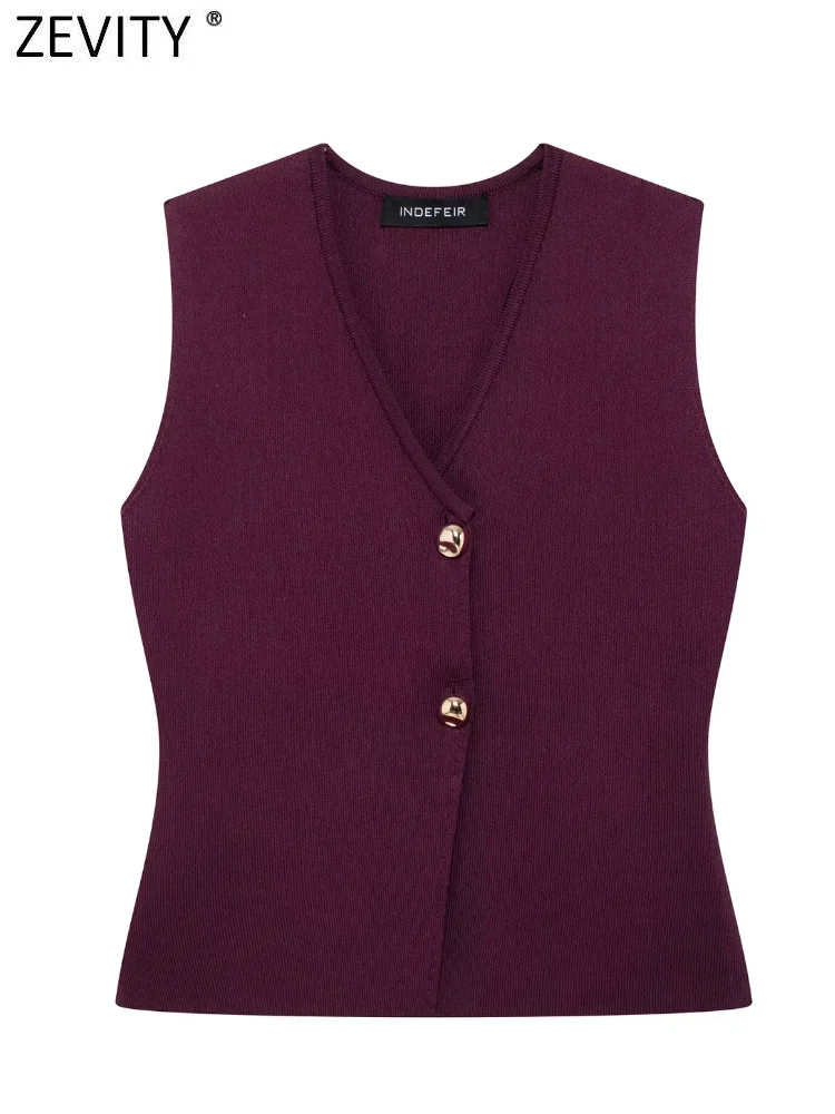 Zevity New Women Fashion V Neck Sleeveless Golden Buttons Knitted Vest Sweater Female Chic Single Breasted Cardigan Tops SW6250