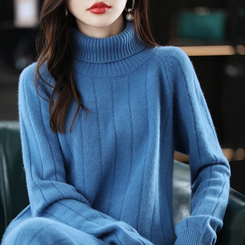 Suit 2024 Hot Sale Ladies Long Sleeve Turtleneck Cashmere Sweater Casual Knit Loose Wide Leg Pants Women 100% Pure Wool Suit