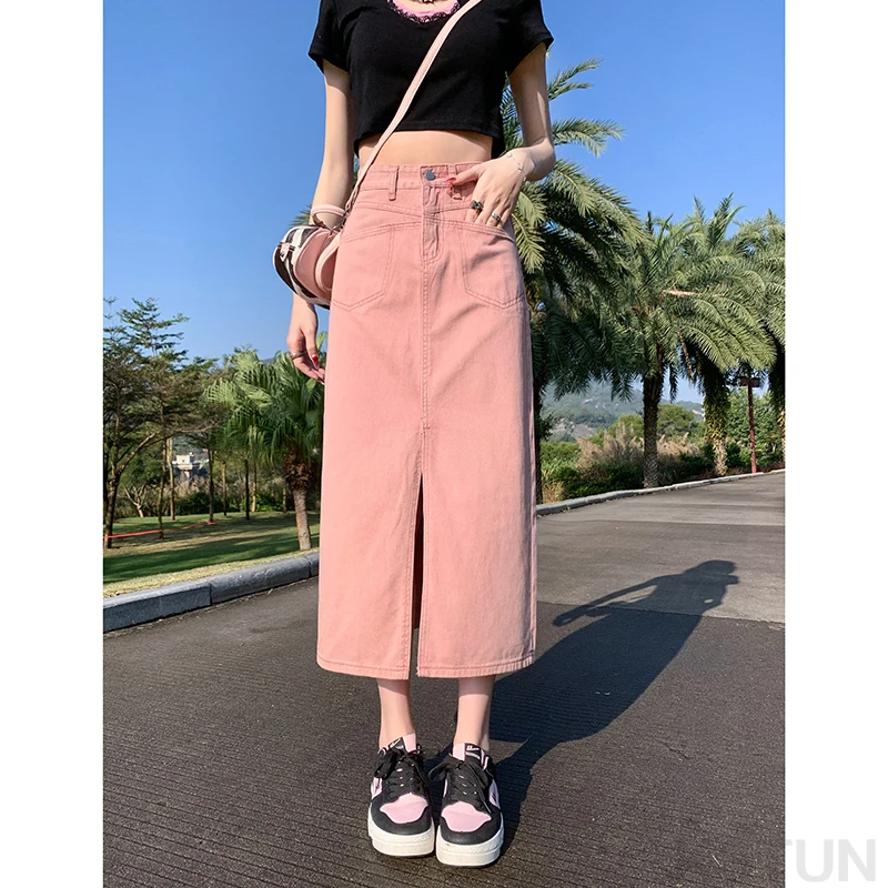 KSTUN 2026 Summer Women's Split Denim Skirts High-waisted Sweet Girls Pink Midi Skirt Front Pockets Designer Chic