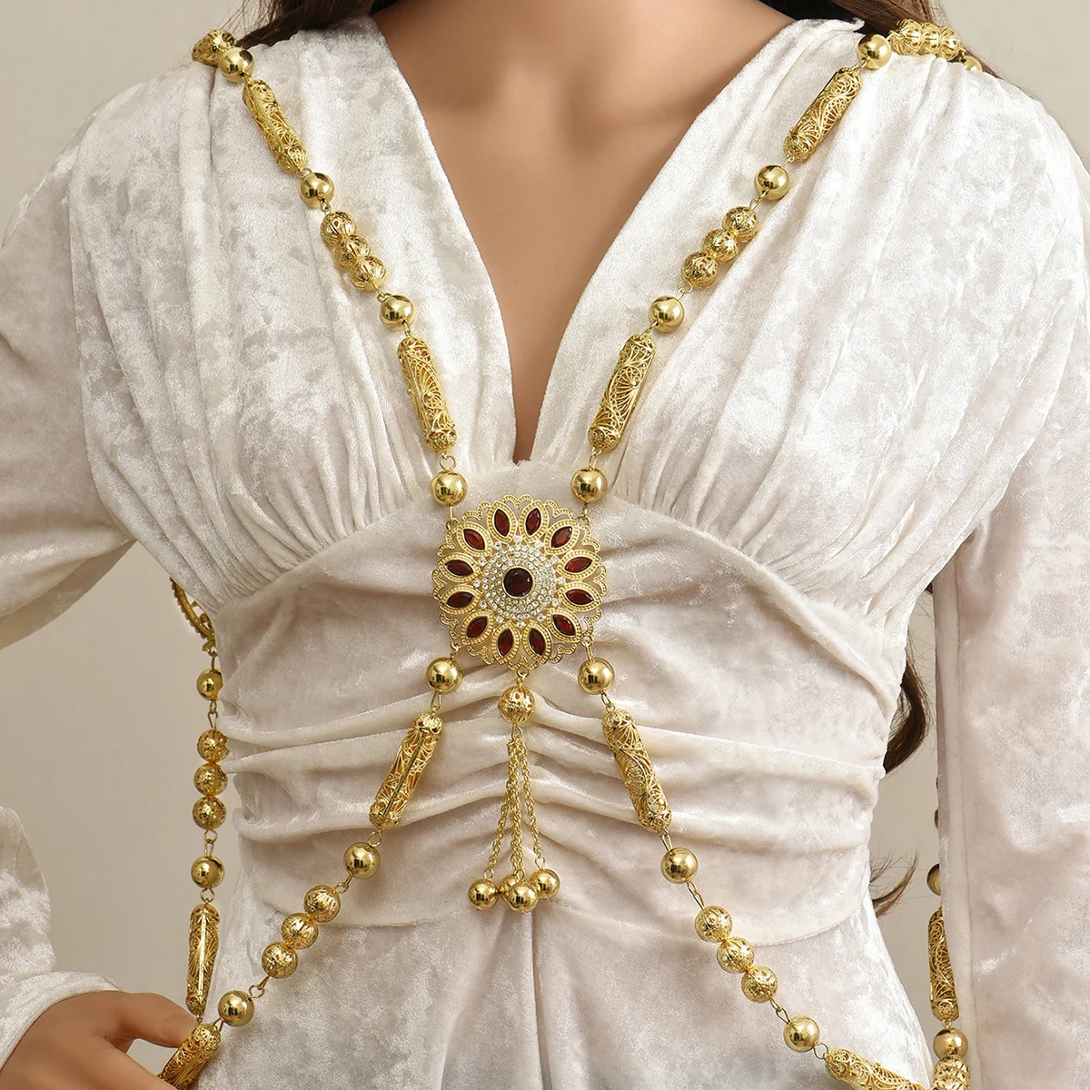 A Middle Eastern Style Moroccan Bridal Body Jewelry Handcrafted Gold Plated Bridal Sash Accessorizing Back With A Long Necklace