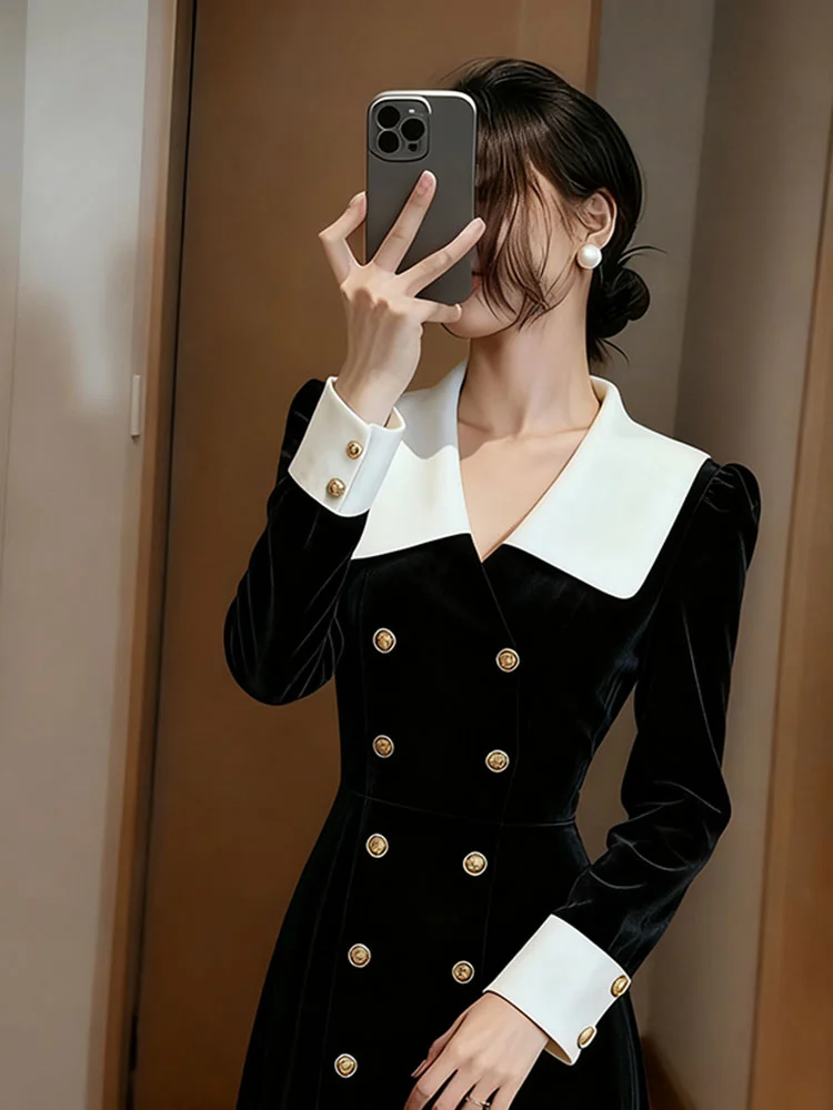 Hebe Sle Bla velours Dr printemps nouveauté jupe Ocn importante Hebe Wind Ele Sensation longue Sve a-ligne Dr