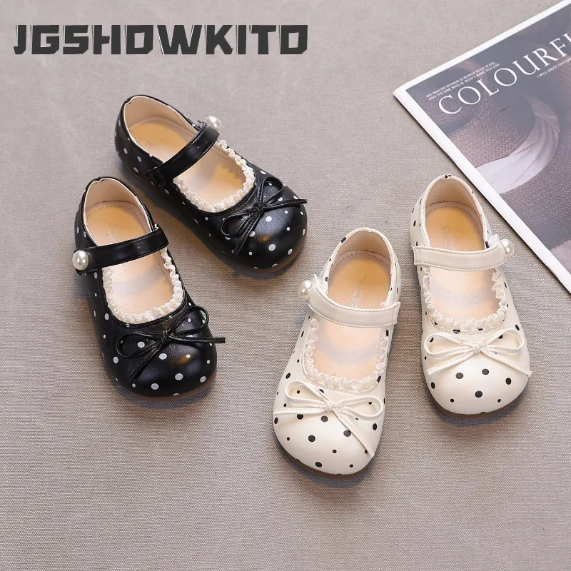 JGSHOWKITO Girls Polka Dot Mary Jane Shoes Sweet Lace Children Leather Shoes Soft Non-slip Princess Dress Kids Party Flat Shoes