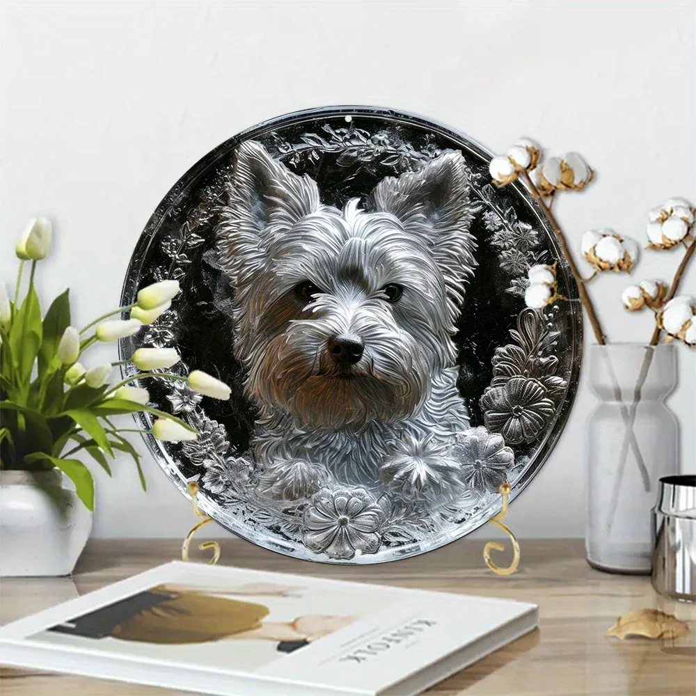 1pc 8x8 Inch Yorkshire Terrier Themed Spring Aluminum Metal Sign - Decorative Round Wreath Window Decoration with Faux Ice Sculp