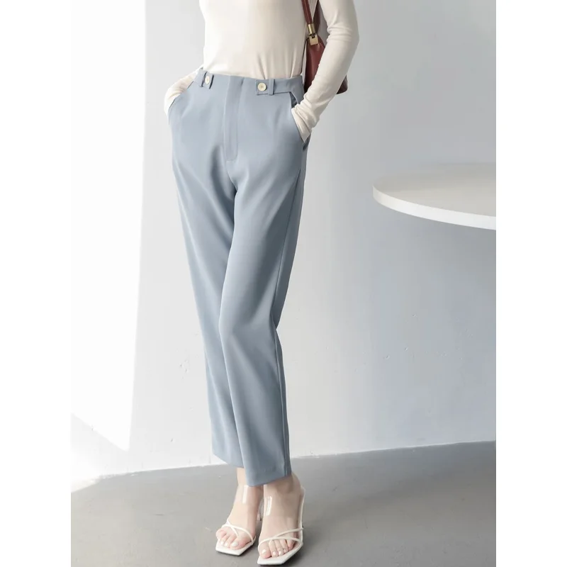 Spring and Autumn Women's Solid Thin High Waist Slim Zipper Korean Straight Pants Button Fashion Casual Commuter Trousers