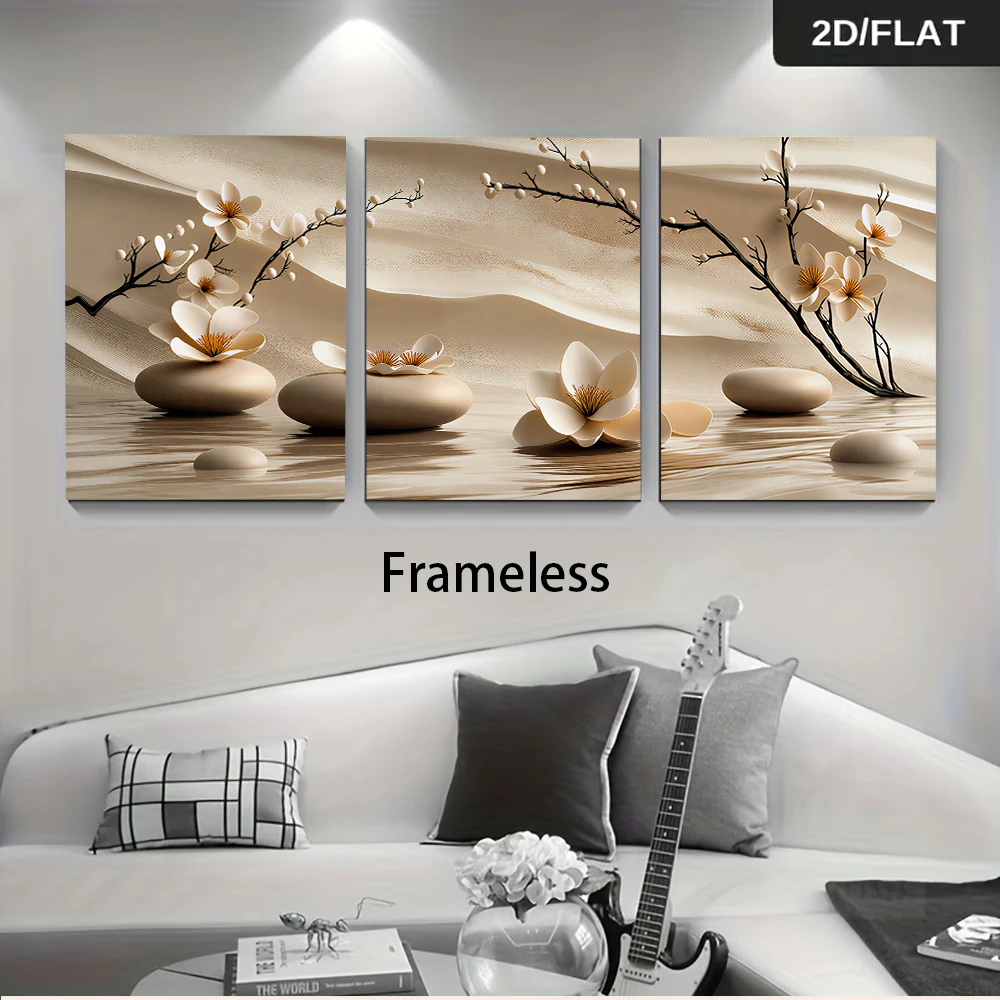 (3PCS Unframe)1 set of Neo-Chinese Zen-inspired Magnolia Flower Triptych Frameless Decorative Paintings, Modern Minimalist 2D Fl