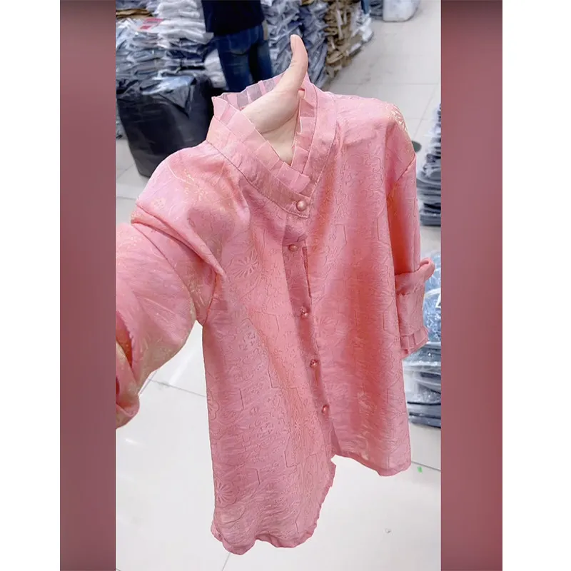 

Ele Long Sve irt Stand Collar plus Size Slimming Design Spring New Sle Casual Comfortable Women's Top Faion