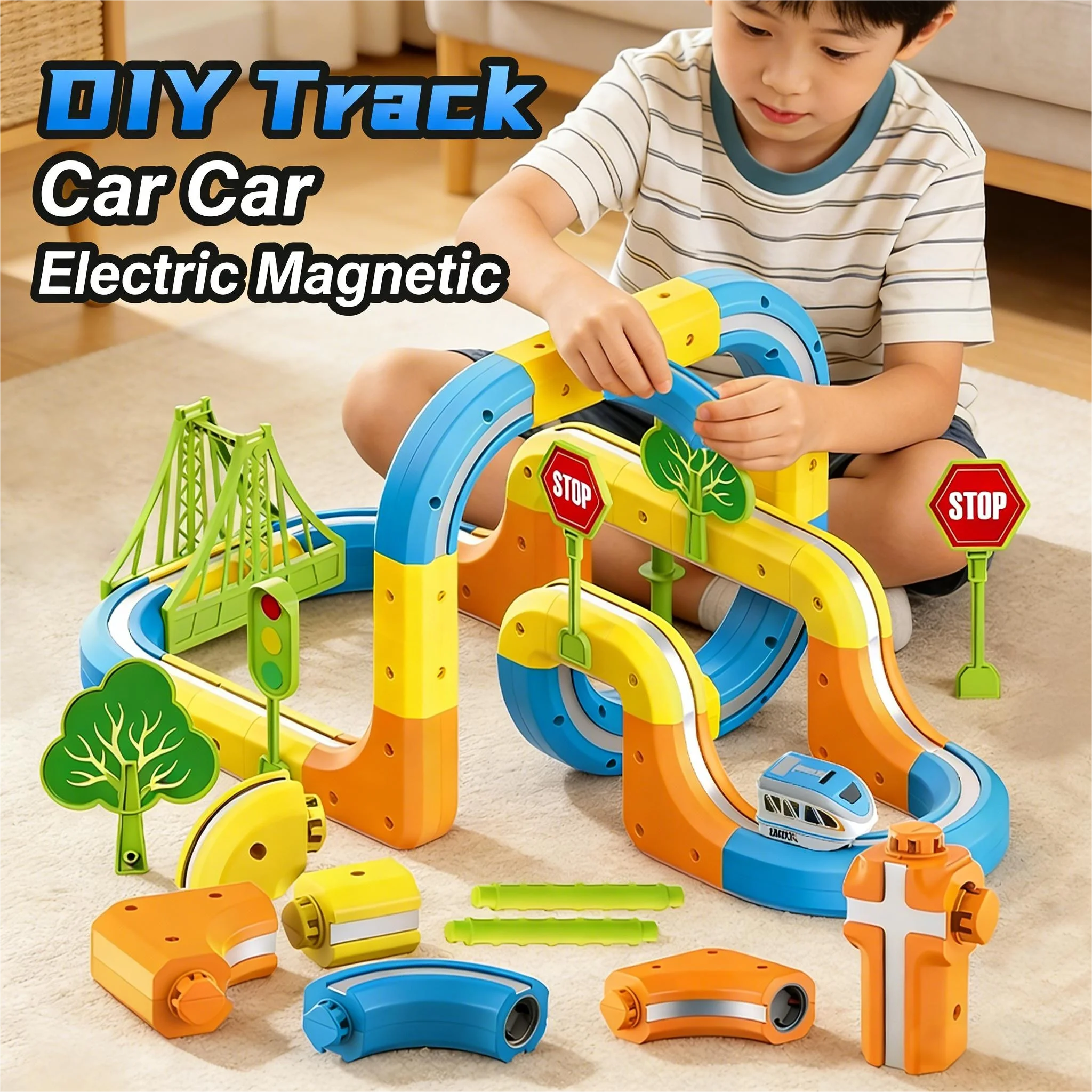 Electric Magnetic DIY Track Car, Parent-Child Interaction, Multiple Play Styles, Anti-Gravity Train, Super Strong Magnets, DIY Assembly, Suitable for Boys and Girls, Best Gift
