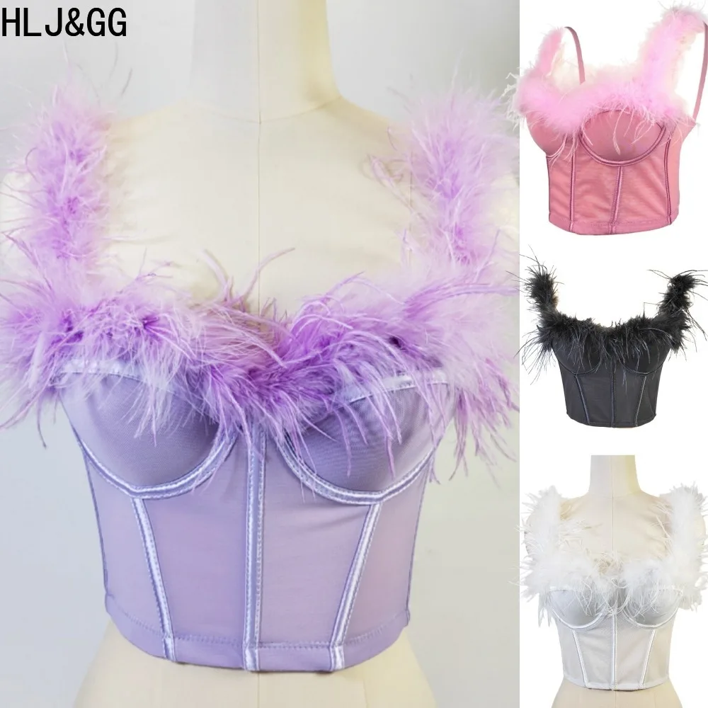 

HLJ&GG Sexy Feather Splicing Spaghetti Strap Corset Tank Tops Women V Neck Fur Sleeveless Backless Slim Vest Fashion Streetwear