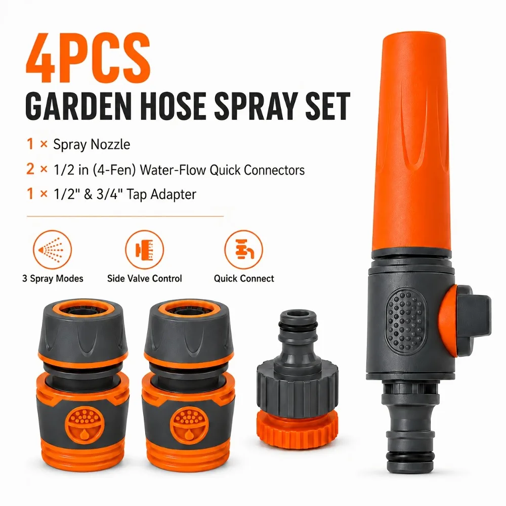 Garden Hose Spray Gun Set Water Spray Modes, Side Valve Flow Control Coated Quick-Connect Couplings Faucet Adapter