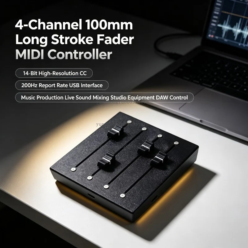 4-Channel 100mm Long Stroke Fader MIDI Controller – 14-bit High-Resolution CC, 200Hz Report Rate, USB Class-Compliant