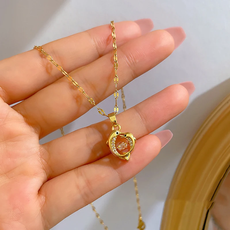 New Couple Mother And Child Dolphin Beating Zircon Pendant Necklace For Women Don't Fade Heart Animal Jewelry Kid Birthday Gift