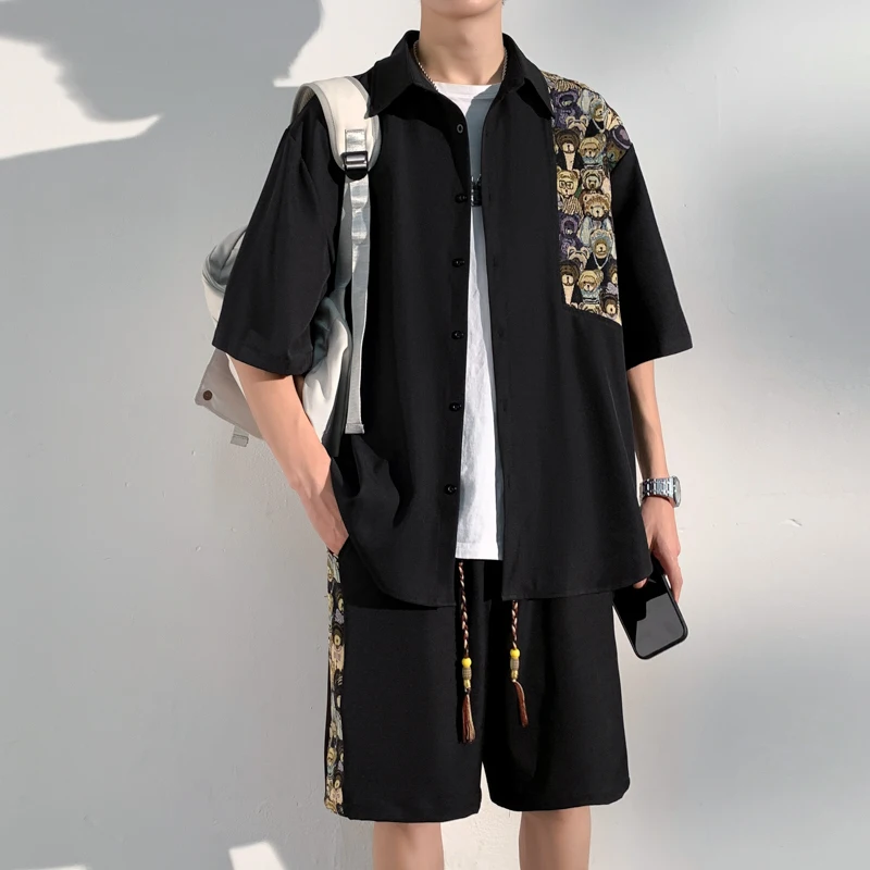 

Ice Silk ort Sve irt Men's Summer Set American Retro Design Bear Patchwork f Sve irt Youth Faion Loose Fit