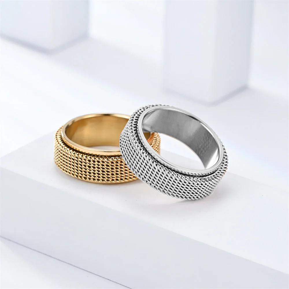 Punk Anxiety Fidget Rotatable Spinner Ring 8mm Gold Silver Color Stainless Steel Mesh Spinning Rings for Woman Man Jewelry Gift