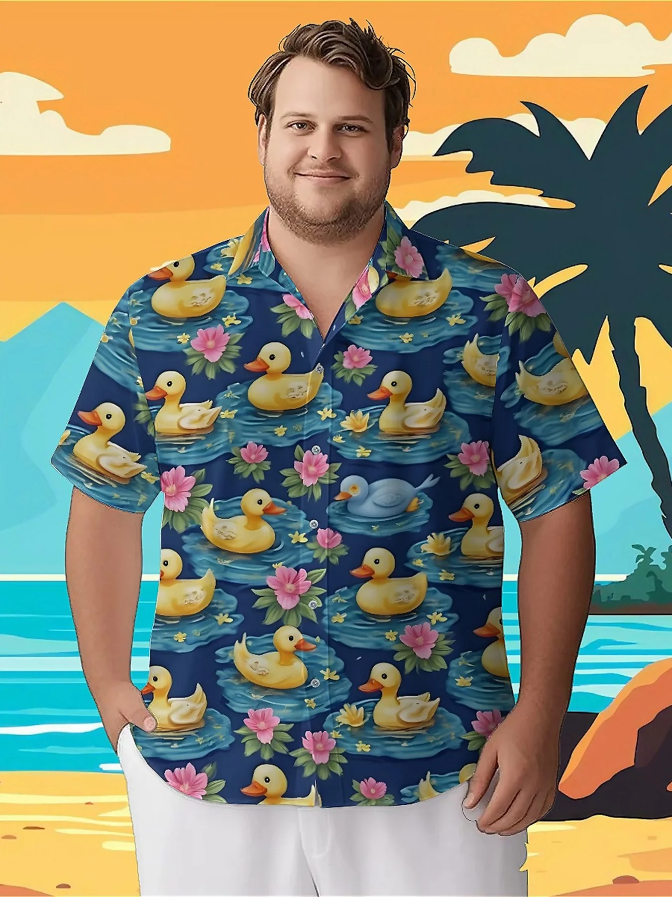 

Men's Plus Size Hawaiian ShirtsCute Duckspattern, Button Up Shirts, Unisex Casual Clothing, Summer Tops