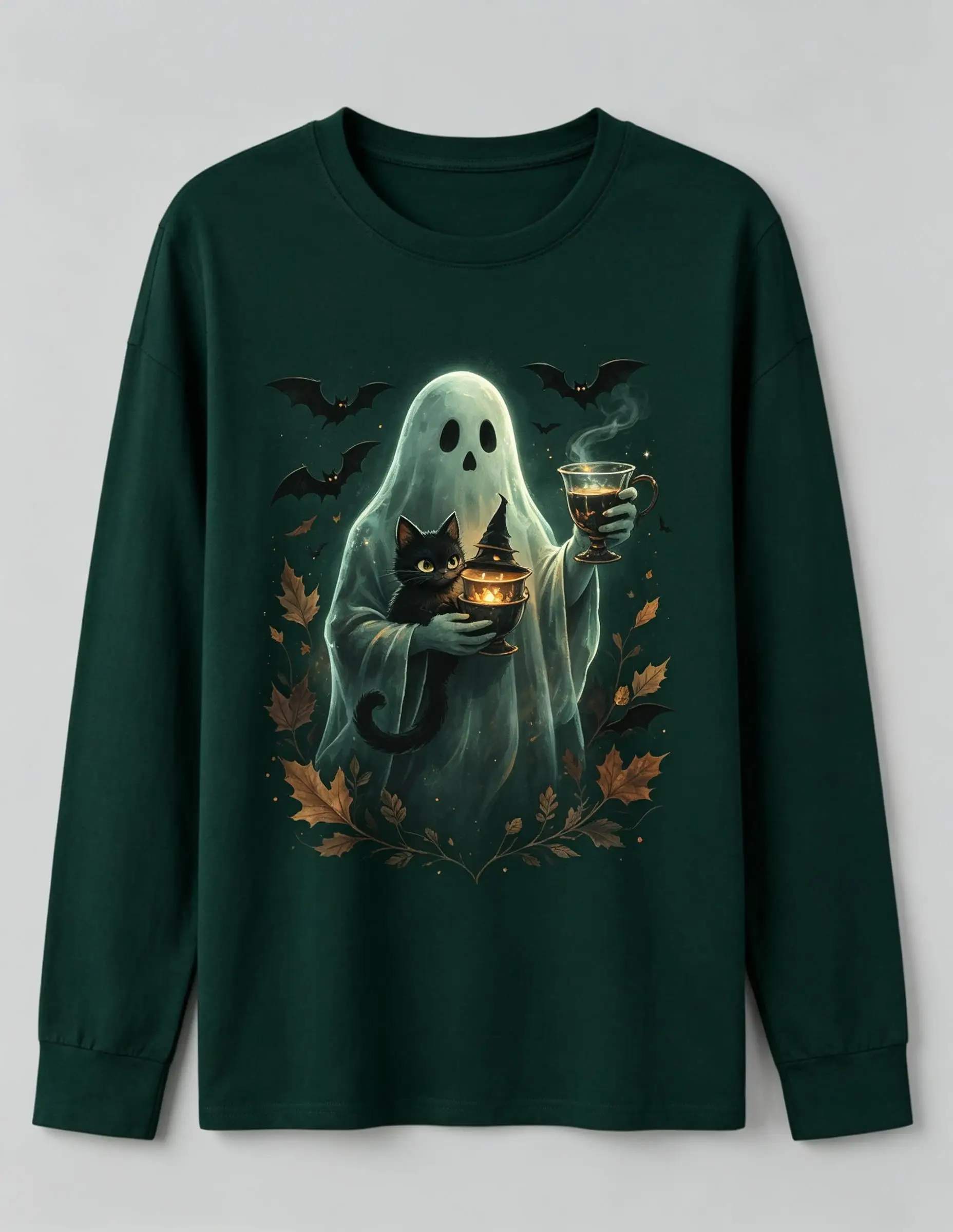 Women Halloween Long Sleeve T‑Shirt Cute Ghost Hug Cat Coffee Bat Vintage Wash Print Crew Neck Tops