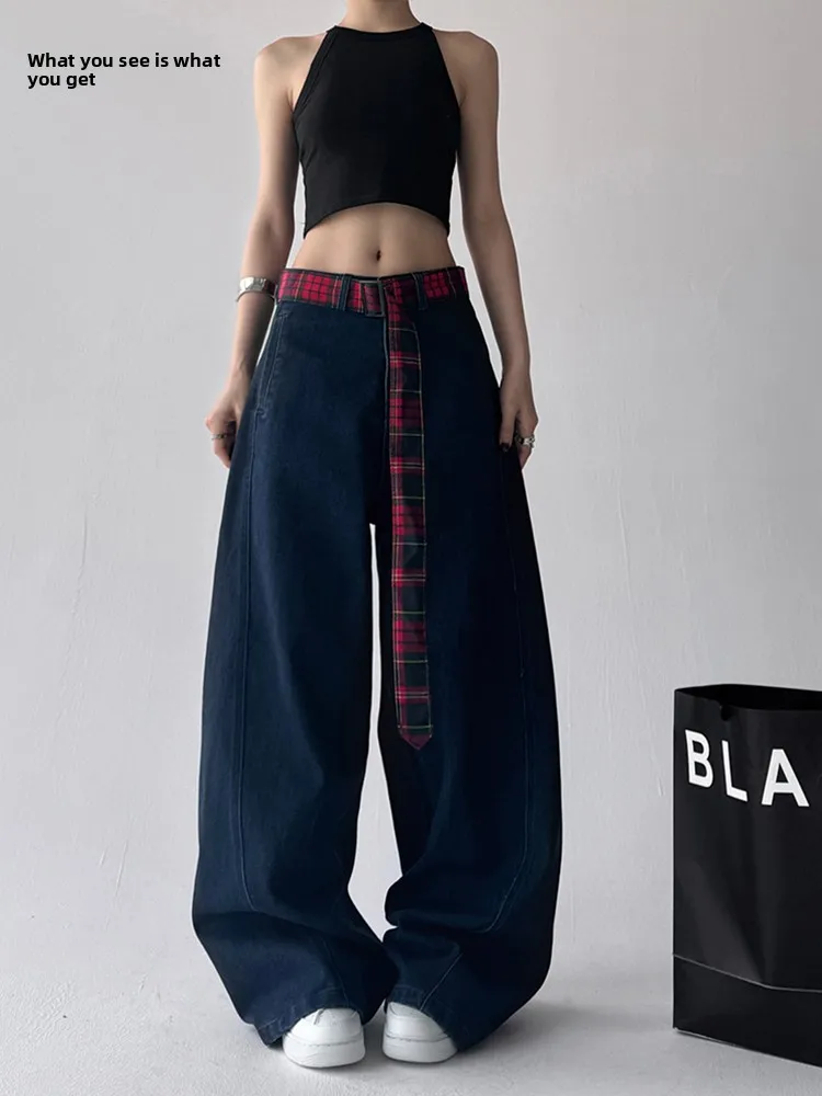 

Blue Wide Leg Denim Pants Women's Spring Autumn New American Style Loose Lazy Floor Length Trousers High Waist Cotton Elastic...