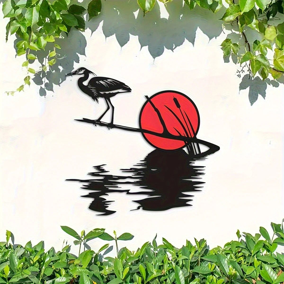 CIFBUY 2D Iron Garden Wall Decor, Heron on Branch with Red Sun & Bird Reflection Metal Wall Hanging for Yard