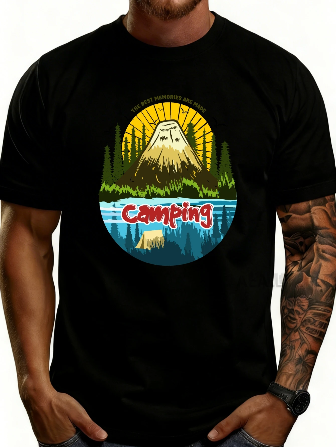 Outdoor Adventure Style Men's T-Shirt, Camping Mountain and Lake Scenery, Summer Gift for Nature Lovers, Give It to Him