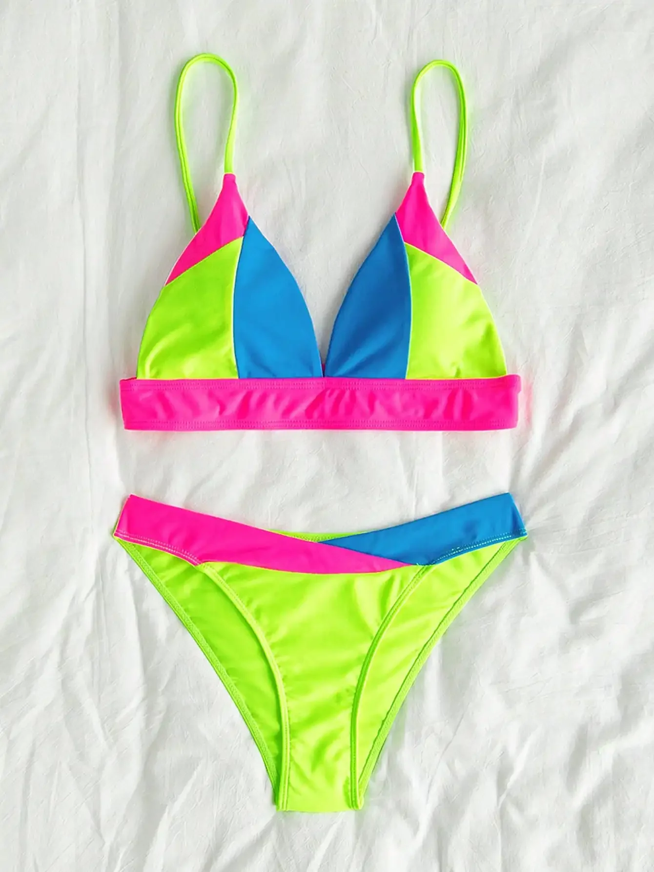 

Patchwork bikini contrasting triangle cups swimsuit bright colors for the beach and seaside
