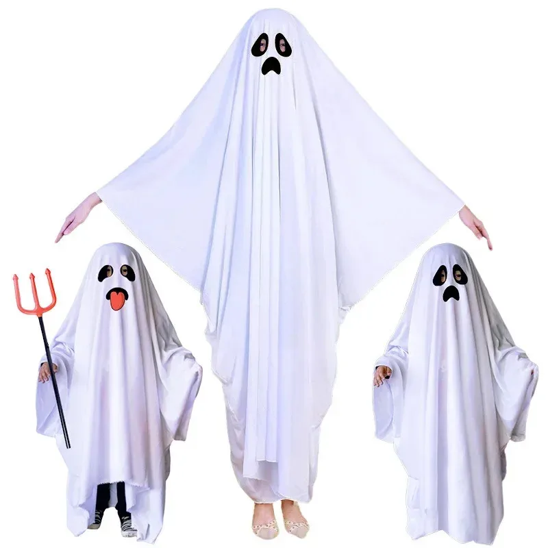 

Halloween Ghost Cape Cloak Costume for Children and Adults with Blue Eyes Smiley Face