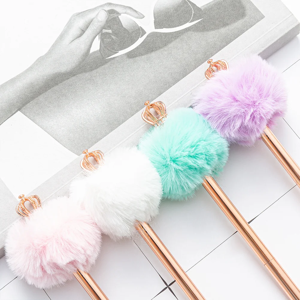 4 Pcs Crown Hair Ball Pen Pompom Ballpoint Decor Plush Balls Student Stationery