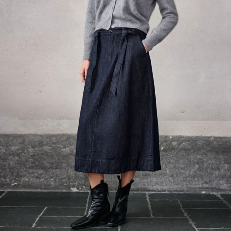 

High Quality Women's Hemp Cotton A-Line Skirt Spring Autumn New High Waisted Belt Design Slim And Casual Loose Woman Skirts