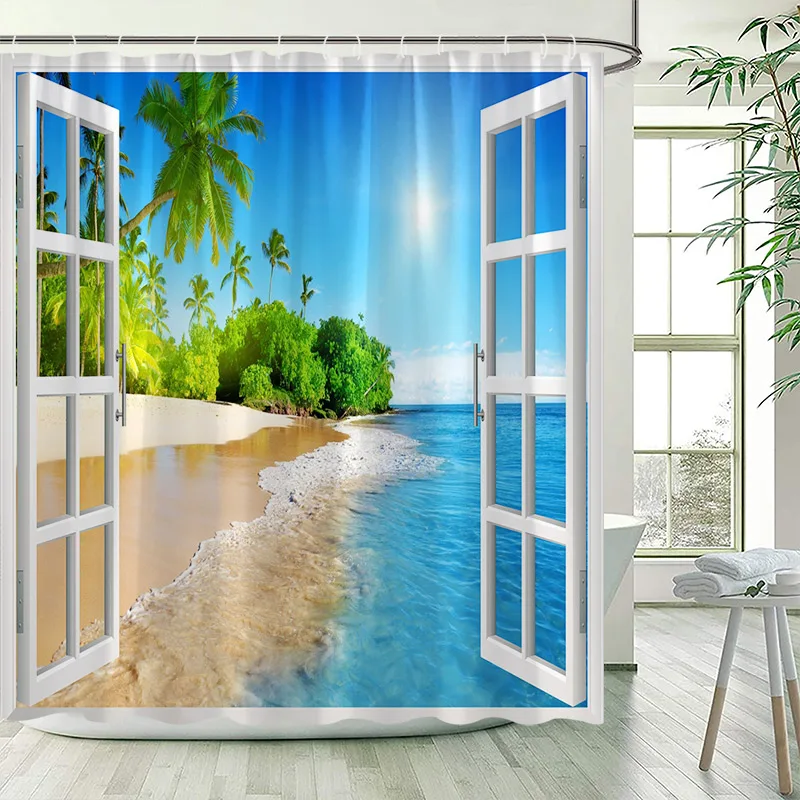 Ocean Island Shower Curtain Coconut Trees Beach Sea Waves White Window Hawaii Nature Scenery Bath Curtains Fabric Bathroom Decor